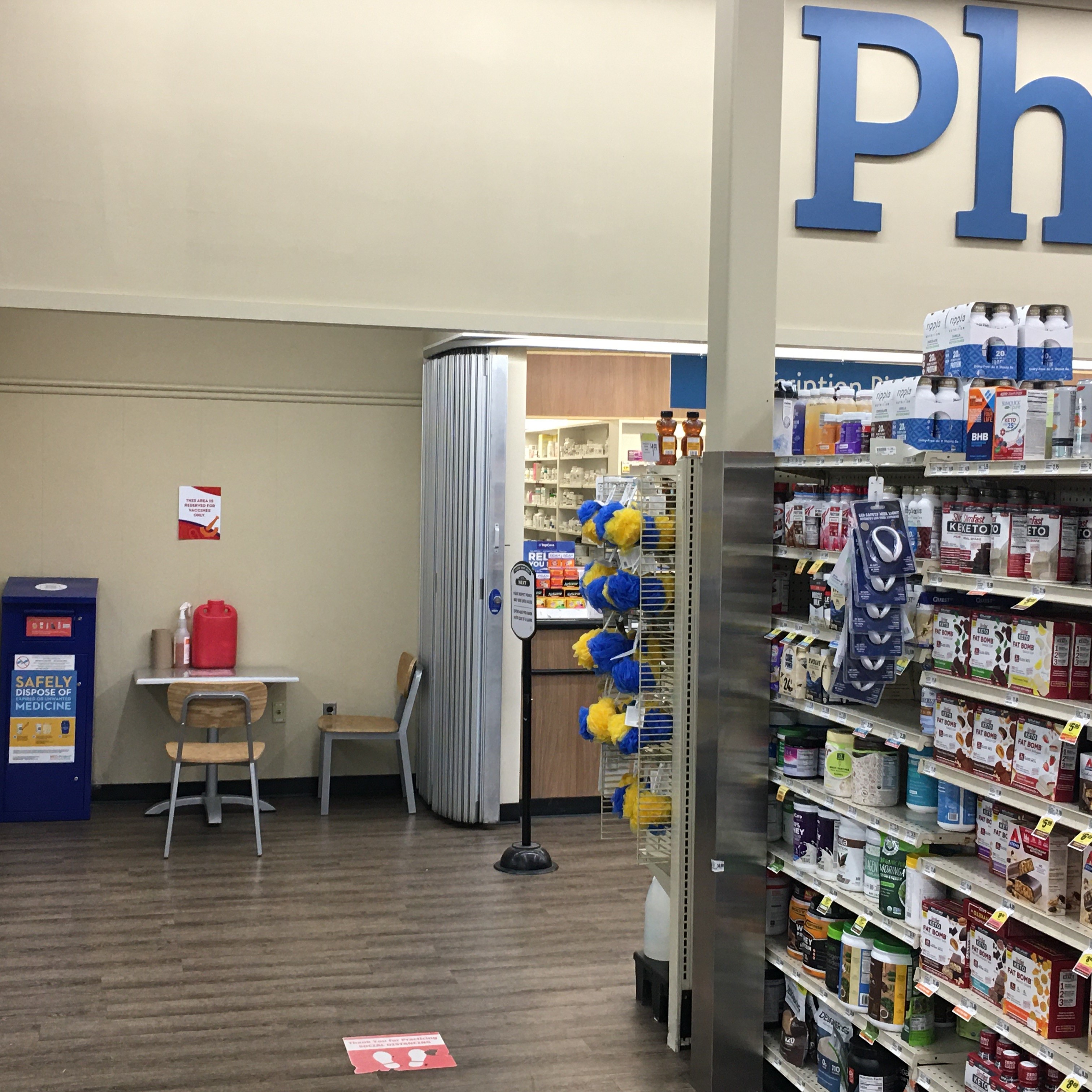 Safe medicine disposal kiosk inside of a pharmacy