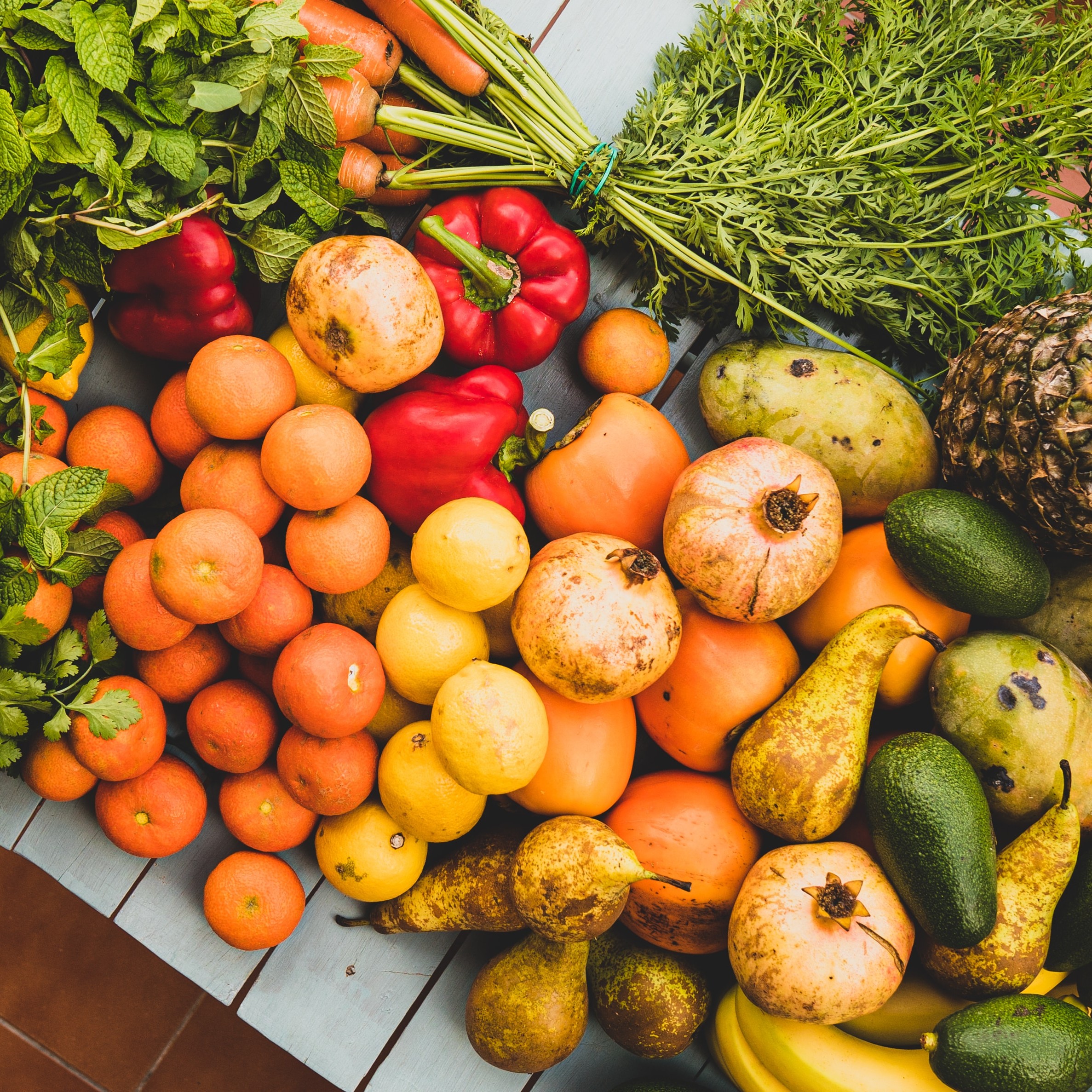 fruits and vegetables displayed on a table